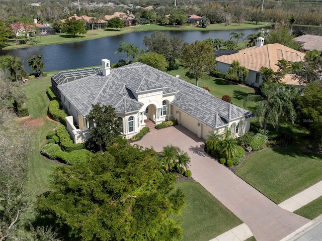 drone / aerial view featuring a water view