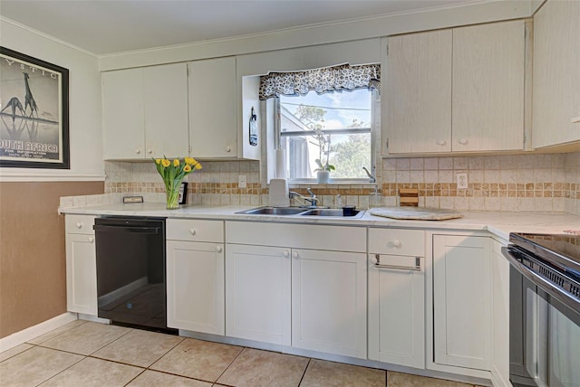 kitchen featuring tasteful backsplash, black appliances, sink, light tile patterned flooring, and crown molding