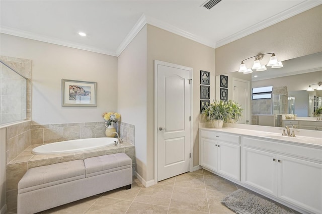 bathroom featuring tile patterned flooring, vanity, crown molding, and independent shower and bath