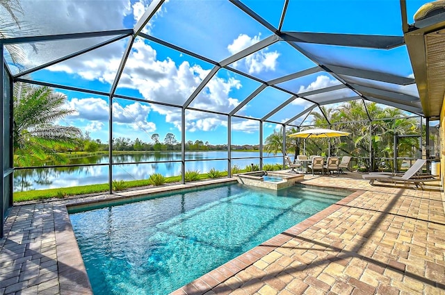 view of pool featuring a water view, an in ground hot tub, a lanai, and a patio