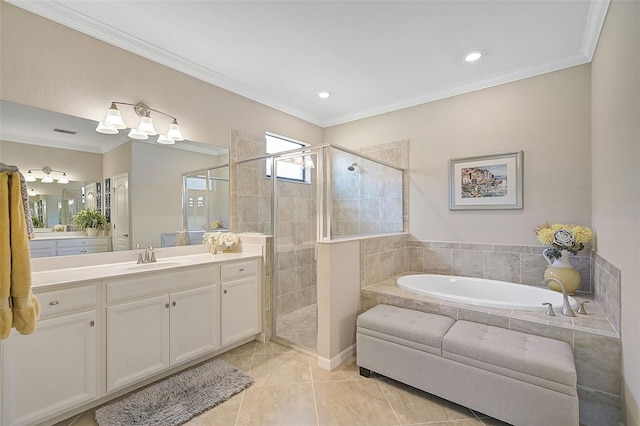 full bath featuring tile patterned floors, a shower stall, crown molding, and vanity