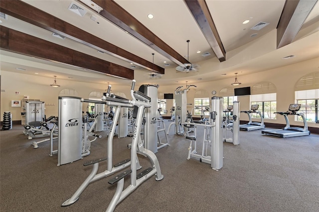 gym with recessed lighting, visible vents, and baseboards