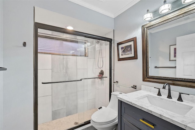 bathroom featuring walk in shower, toilet, vanity, and ornamental molding