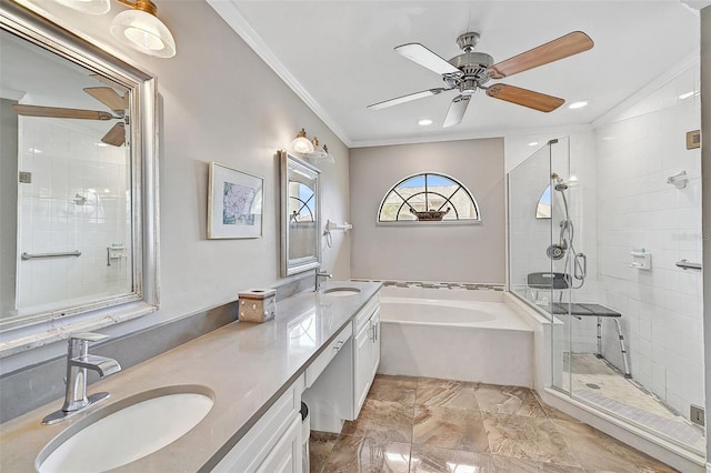 bathroom with shower with separate bathtub, vanity, ceiling fan, and ornamental molding