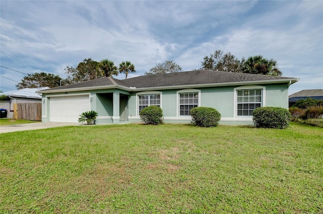 single story home featuring a front lawn and a garage