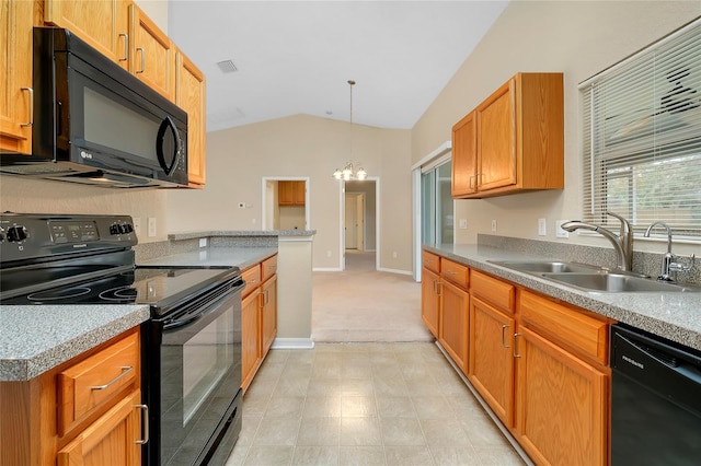 kitchen with sink, black appliances, pendant lighting, an inviting chandelier, and lofted ceiling