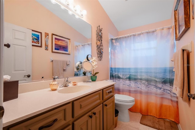 bathroom featuring walk in shower, vaulted ceiling, toilet, vanity, and tile patterned flooring