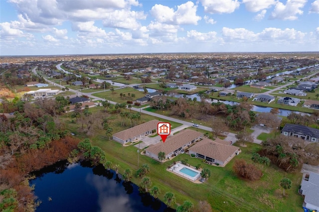 drone / aerial view featuring a water view