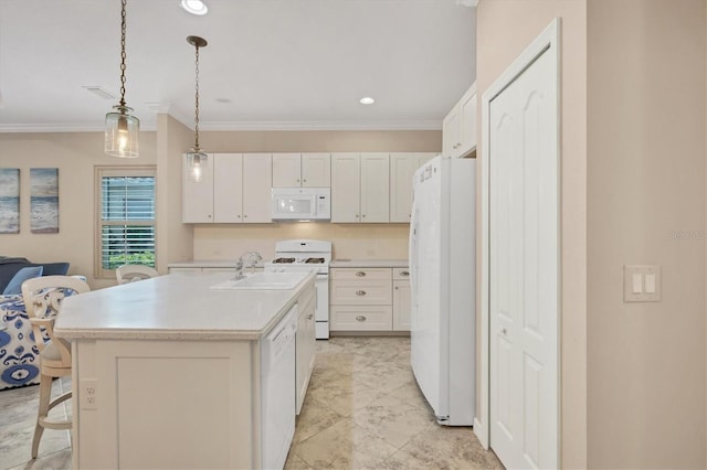 kitchen featuring an island with sink, white cabinetry, pendant lighting, and white appliances