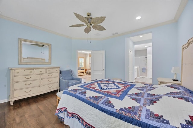 bedroom featuring dark hardwood / wood-style flooring, ornamental molding, ensuite bath, and ceiling fan