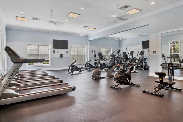 workout area with crown molding