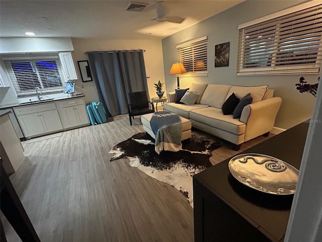 living room with ceiling fan, sink, and hardwood / wood-style flooring