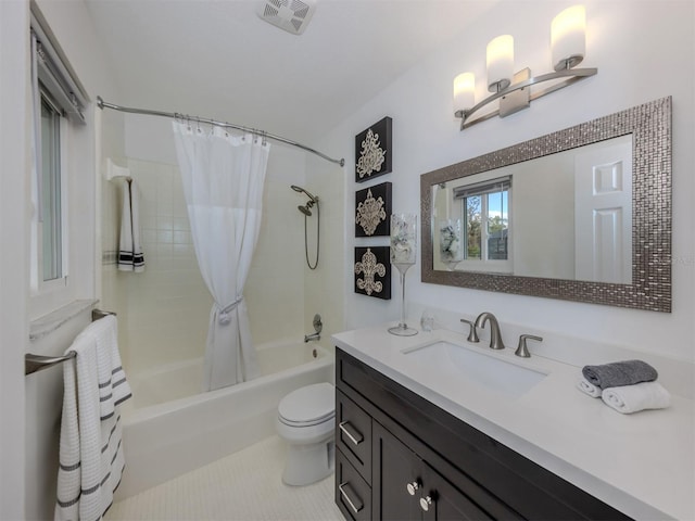 full bathroom with tile patterned floors, vanity, toilet, and shower / bathtub combination with curtain