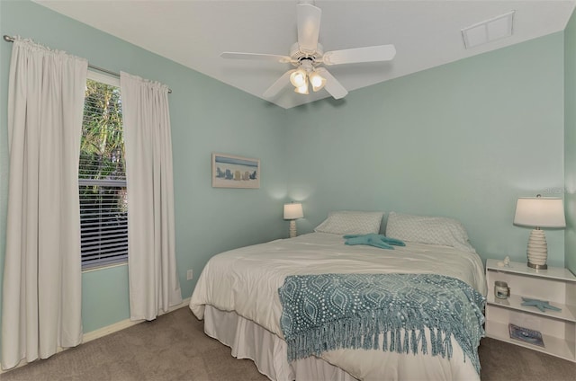 bedroom featuring carpet floors and ceiling fan