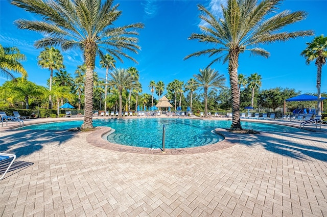 view of swimming pool featuring a patio