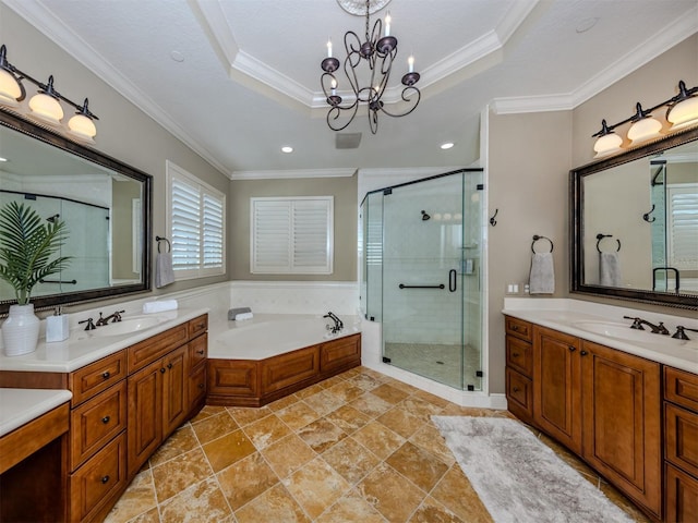 bathroom featuring a notable chandelier, plus walk in shower, crown molding, and vanity