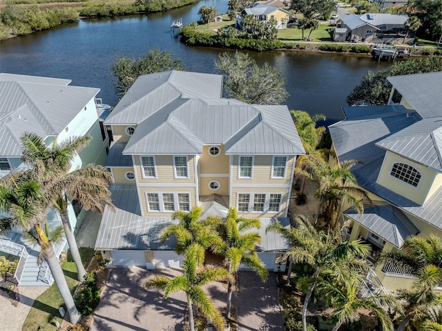 drone / aerial view with a water view