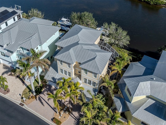 bird's eye view with a water view