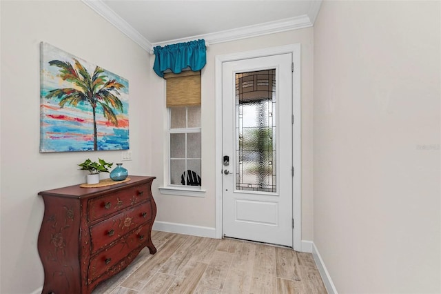 doorway to outside with crown molding and light hardwood / wood-style flooring