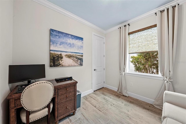 office area featuring crown molding and light hardwood / wood-style flooring