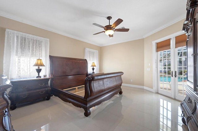 bedroom with access to outside, french doors, crown molding, and ceiling fan