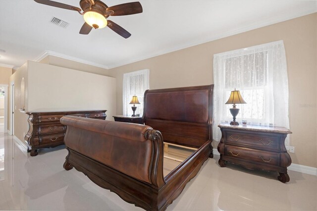 bedroom featuring crown molding and ceiling fan