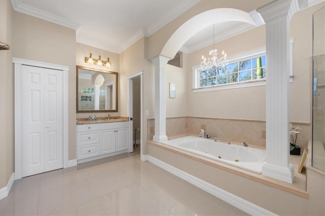 bathroom featuring an inviting chandelier, ornamental molding, ornate columns, vanity, and tile patterned flooring