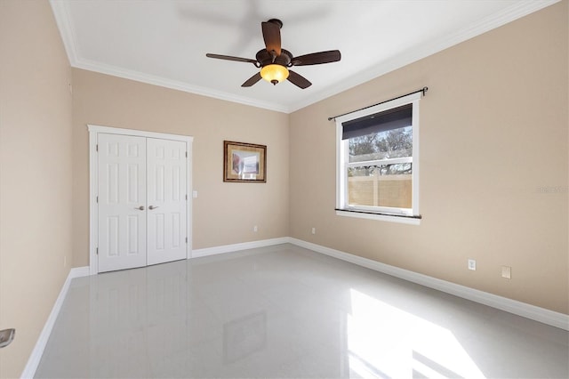 unfurnished bedroom featuring a closet, ceiling fan, and ornamental molding