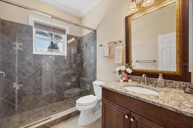 bathroom with a shower with door, vanity, and toilet