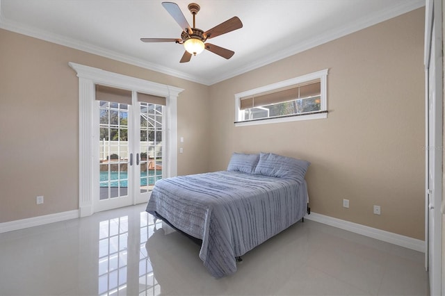 bedroom with multiple windows, french doors, crown molding, and ceiling fan