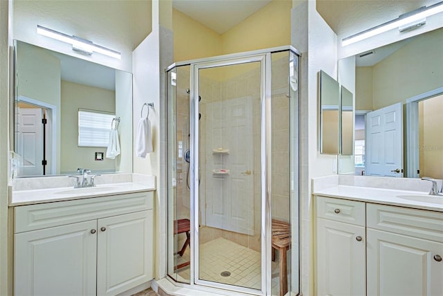 bathroom featuring vanity, vaulted ceiling, and an enclosed shower