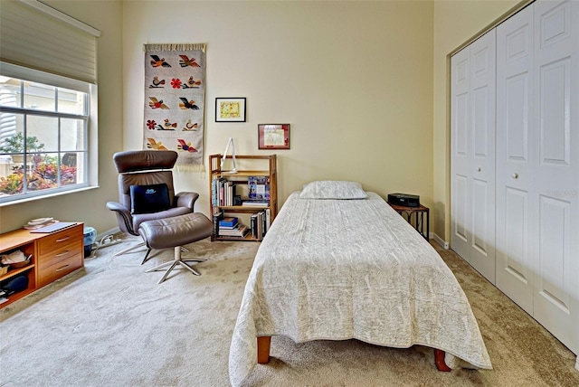 bedroom with a closet and light carpet