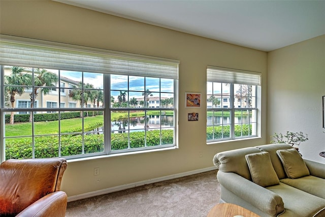 carpeted living room with a water view and a wealth of natural light