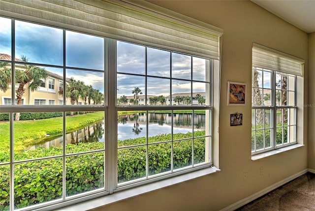 interior space with a water view