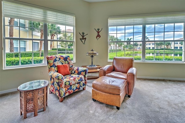 living area with carpet and a water view