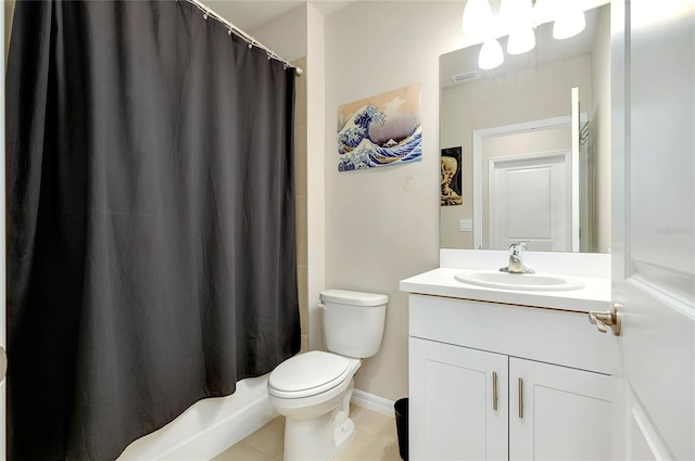 full bathroom with vanity, toilet, shower / bath combo, and tile patterned flooring