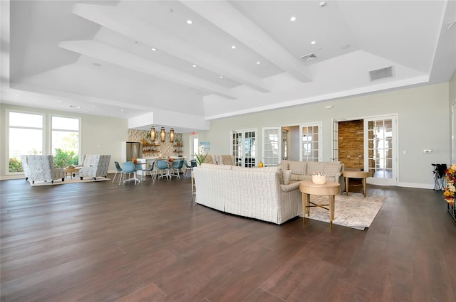 living room with dark hardwood / wood-style flooring