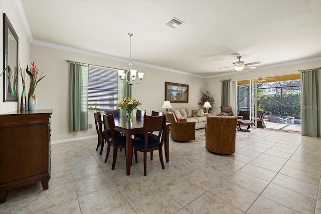 dining room featuring crown molding, light tile patterned flooring, and ceiling fan