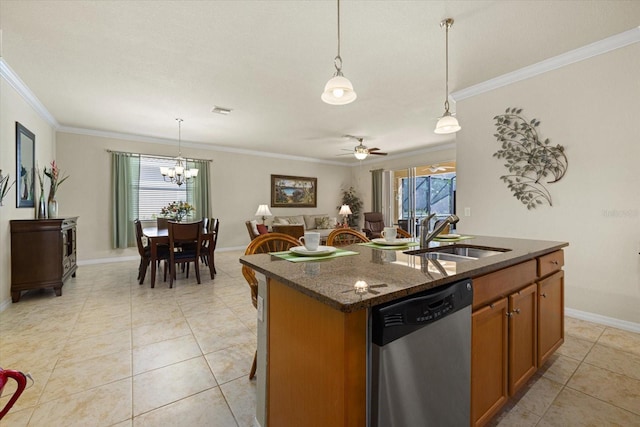 kitchen with sink, a healthy amount of sunlight, dishwasher, and a center island with sink