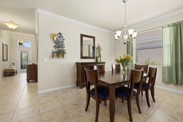 tiled dining space featuring crown molding and an inviting chandelier