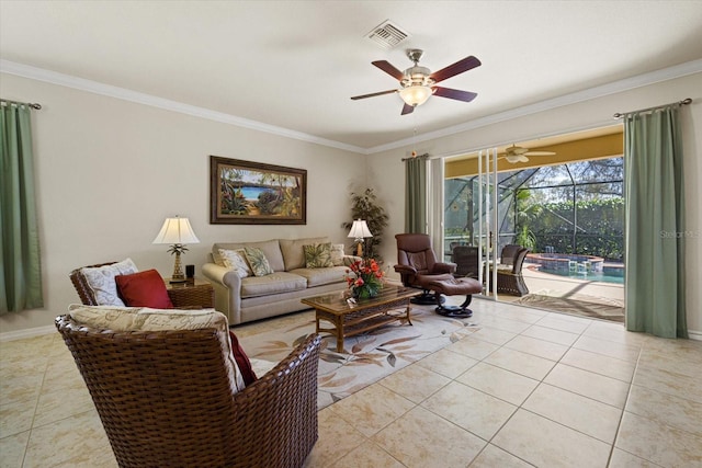 living room with crown molding and light tile patterned floors