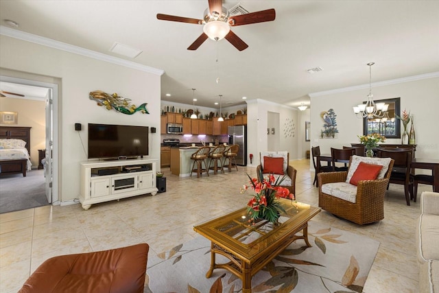 tiled living room with crown molding and ceiling fan with notable chandelier