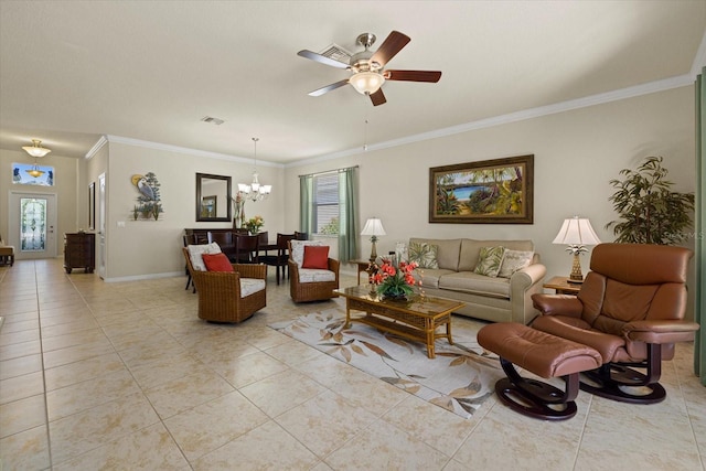 tiled living room with ornamental molding, ceiling fan with notable chandelier, and plenty of natural light