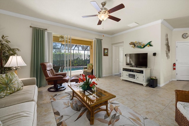 living room featuring ornamental molding, light tile patterned floors, and ceiling fan