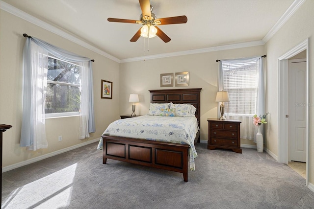 bedroom with light carpet, ornamental molding, and ceiling fan