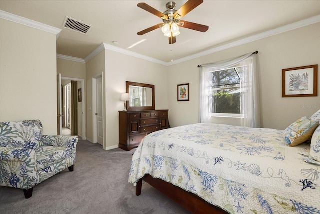 bedroom featuring ceiling fan, ornamental molding, and carpet floors