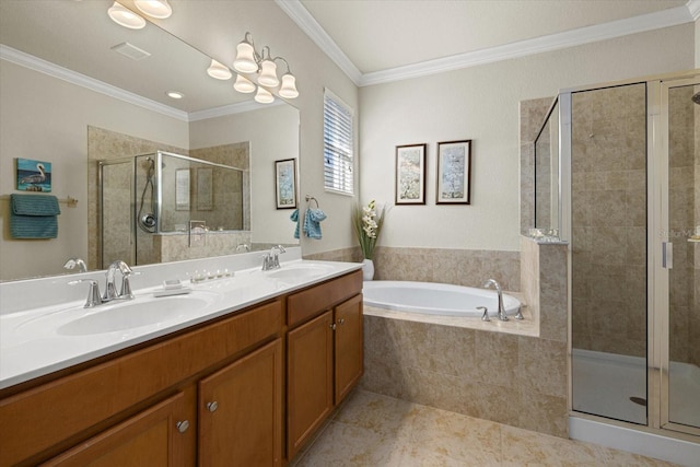 bathroom with vanity, independent shower and bath, and ornamental molding