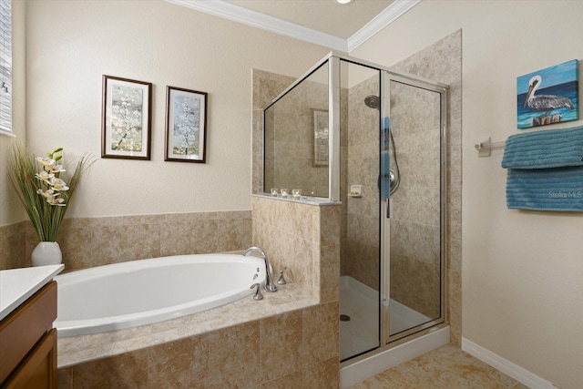 bathroom featuring vanity, ornamental molding, plus walk in shower, and tile patterned floors