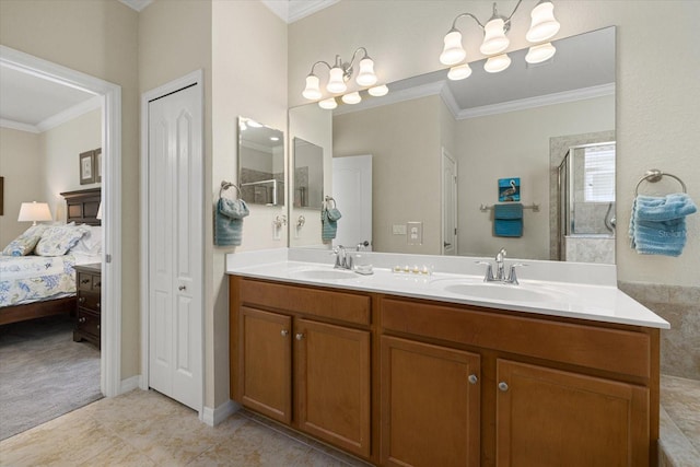 bathroom featuring vanity, crown molding, a shower, and tile patterned flooring