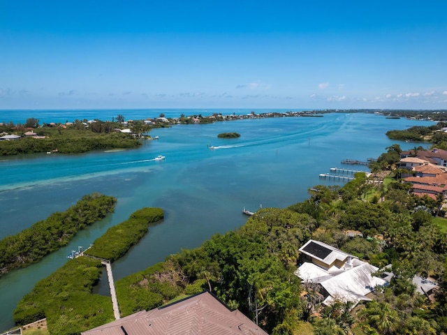 drone / aerial view featuring a water view